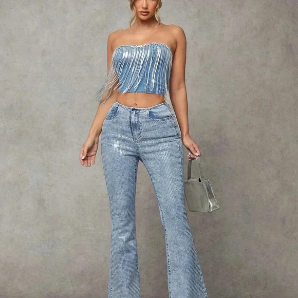 Medium Wash Party Women's Blue Skinny Stretchy Flared Denim Jeans - Picture 6 of 7